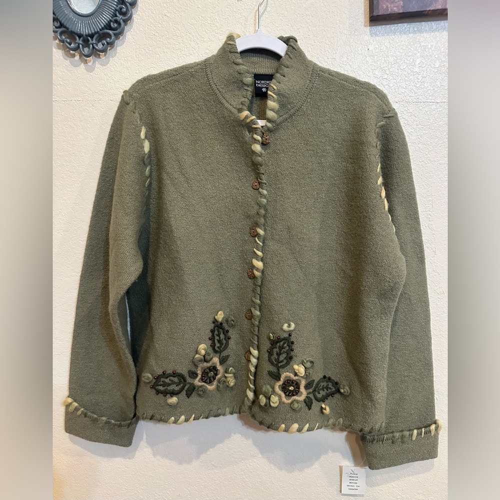 Nordic Design Wool Blend Cardigan Sweater Embroidered Floral Boho Cottagecore - Picture 11 of 14